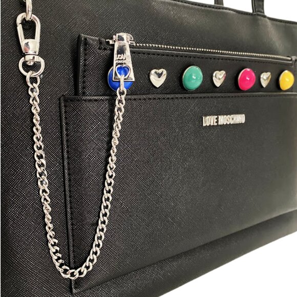 Love Moschino Multicolor Hearts Chain Vegan Black Leather Shoulder bag - Picture 4 of 13